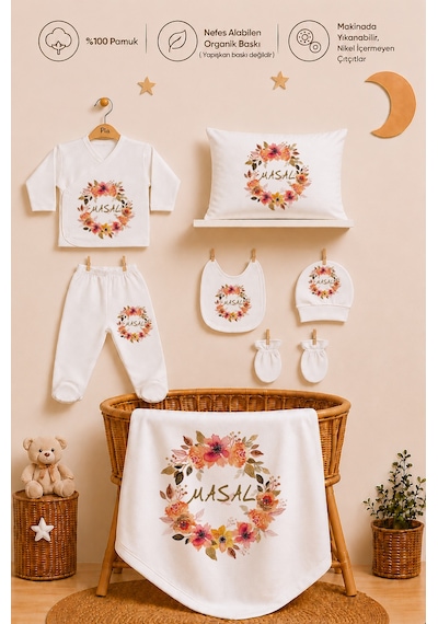 Pia Baby Kız Bebek Hastane Çıkışı 11'li Yenidoğan Set %100 Pamuk İsme Özel Organik Baskılı 2077110x Ekru
