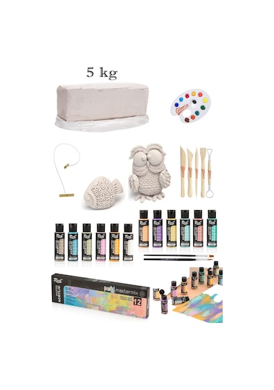 Vakumlu Çamuru Beyaz 5 Kg Rich Master Mix 60cc Akrilik 12'li Pastel Renk Seramik Başlangıç Seti