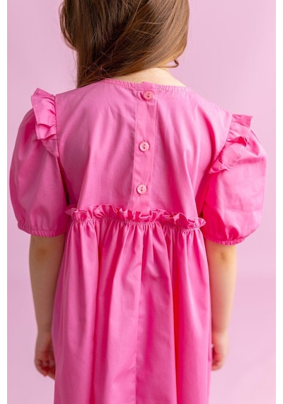 Oliventhekid Robadan Fırfır Büzgülü Kolları Lastikli Poplin Kız Çocuk Elbise Pembe Pembe