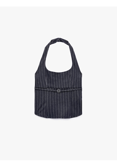 Koton Sırt Detaylı Kemerli Çizgili Halter Yaka Top Lacivert Çizgili 7wak10065ek 7s2