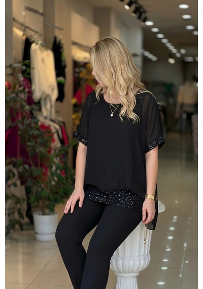 Aytemas Eteği Pullu Şifon Bluz siyah