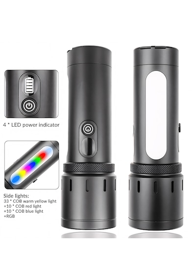 Şarjlı Led El Feneri Kamp Lambası - 5000 Mah Powerbank, Teleskopik Zoom, Acil Durum Sos , Kamp, Av, Balıkçılık Ve Outdoor Kullanım Gri