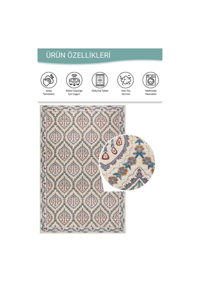 Artloop Nora Krem / Mavi Vintage Dokulu Geometrik Desenli Dokuma Tabanlı Şönil Halı Al 479 Krem - Mavi