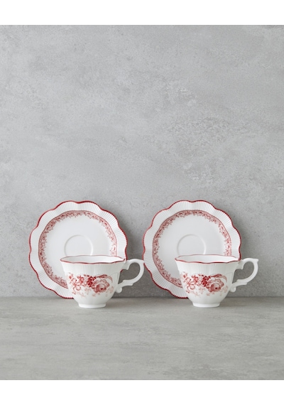 English Home Carmine Porselen 4 Parça 2 Kişilik Çay Fincanı Takımı 200 Ml Kırmızı - Beyaz