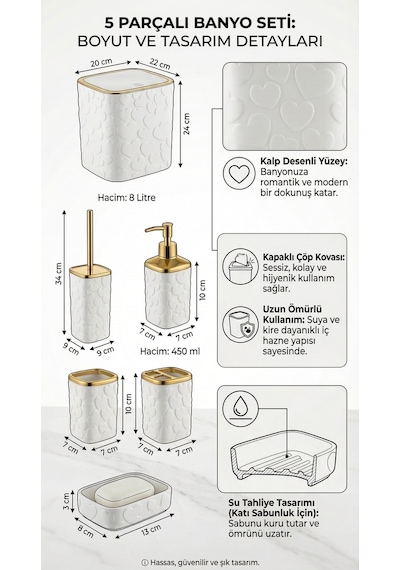 Makri Home 5 Parça Banyo Seti, Kalp Desenli, Beyaz Gold, Kare, Click Kapaklı, Hacim: 8 Litre Altın - Beyaz