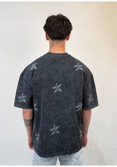 Zaee Star Baskılı Oversize Tişört Siyah Eskitme