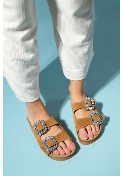 Luvishoes Polacca Taba Süet Taşlı Çift Bantlı Hakiki Deri Kadın Kalın Tabanlı Terlik Taba