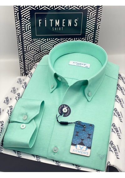 Slim Fit Uzun Kol Pamuklu Hediye Kutulu Kolay Ütülenebilir Erkek Gömlek Fs-002225 - Koyu Mint-3377