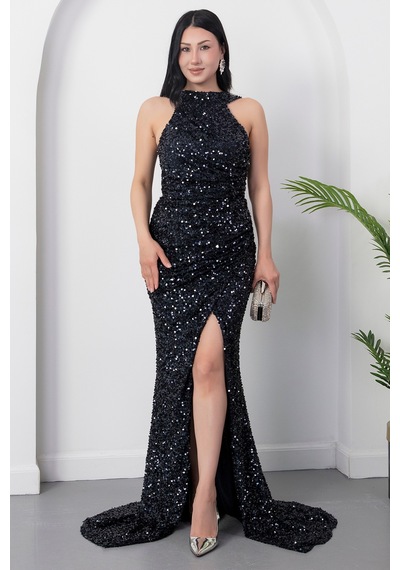 Kalopya Halter Yaka Yırtmaçlı Pulpayet Elbise Ecr5482 Lacivert