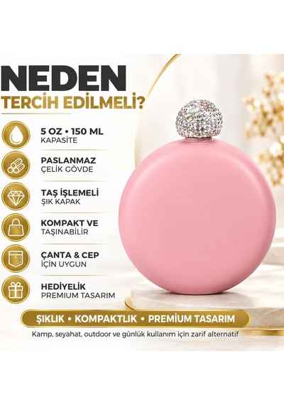 Lüks Taş İşlemeli Renkli Paslanmaz Çelik İçki Matarası 5 Oz 150 Ml. Cep Çanta Kamp Outdoor Hediyelik Pembe