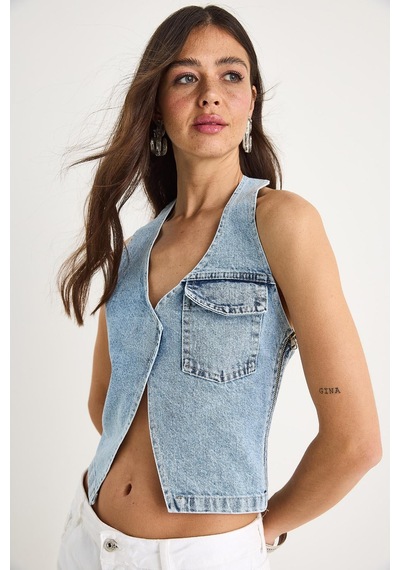 Shade Kadın Boyundan Askılı Dekolte Detaylı Denim Bluz 3433 60283271 - Buz Mavisi