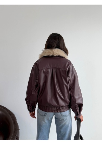 Verymoda Yakası Kürklü Kruvaze Deri Mont F2050 Bordo