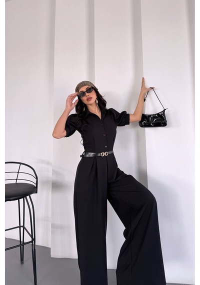 Neşeli Butik Kadın Gömlek Yaka Kemerli Geniş Paça Tulum Nbk4197 Siyah