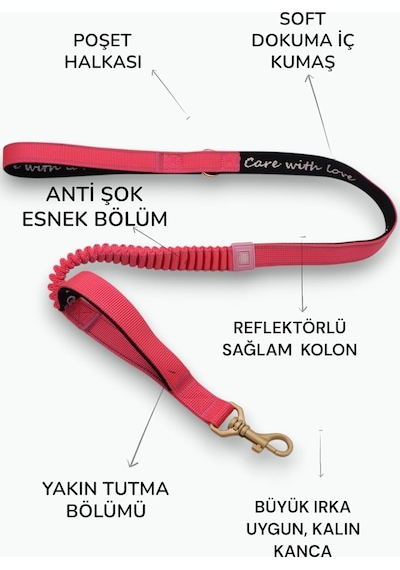Köpek Gezdirme Tasması, Pembe, Anti Şok Esnek Bölümlü, Reflektörlü, 120-150 Cm, Orta Ve Büyük Irka Uygun Çok Renkli