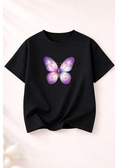 Herkesemoda Mor Kelebek Baskı Detaylı Kadın Bisiklet Yaka Pamuklu T-shirt Siyah
