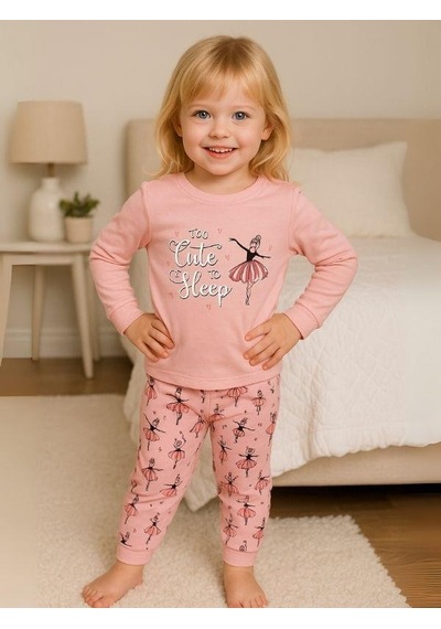 Kız Çocuk Pamuklu Balerin Baskılı Pijama-16018 Pembe