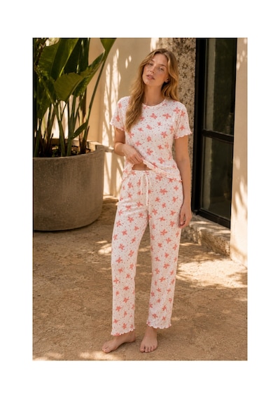 Rindahomewear Kadın Alaçatı Kumaş Kelebek Desenli Kısa Kollu Yazlık Pijama Takımı Çok Renkli