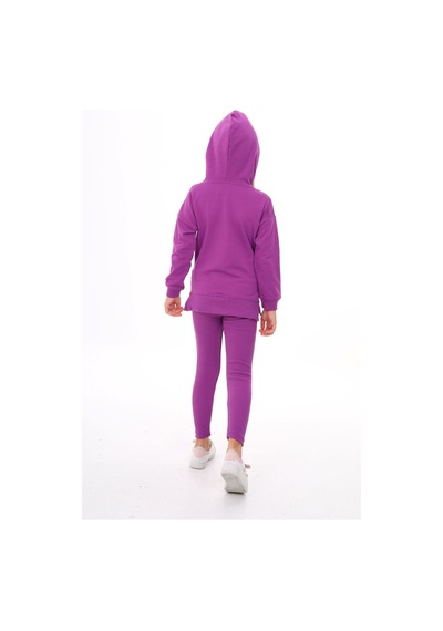Toontoy Kids Toontoy Kız Çocuk 2'li Takım Baskılı Bisiklet Yaka Düşük Omuz Cepli Sweatshirt & Basic Düz Tayt Mor