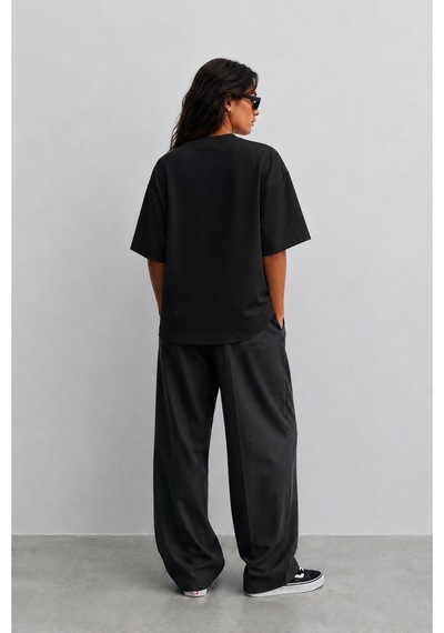 Modivibe Kadın Oversize T-shirt Kalın Dokulu %100 Pamuk Geniş Kesim Siyah