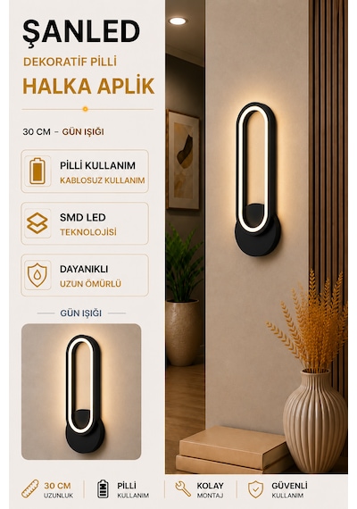 Dekoratif 20w Halka Modeli İç Mekan Siyah Kasa Gün Işığı 30 Cm Duvar Aplik Pilli