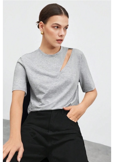 Cool Tarz Omuz Dekolteli Basic Kadın Tişört Modern Kesim Günlük Bluz Gri