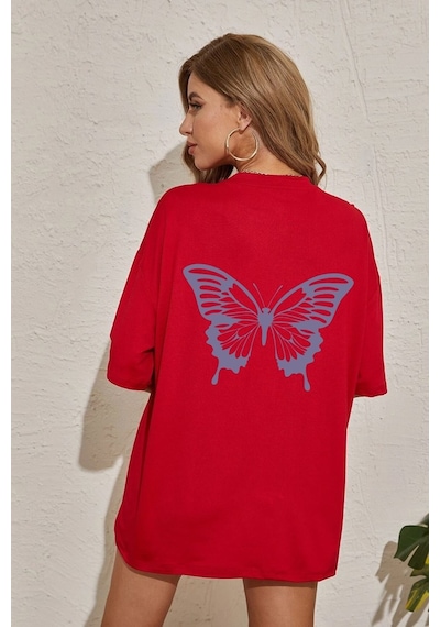 Unisex Butterfly Baskılı T-shirt Kırmızı