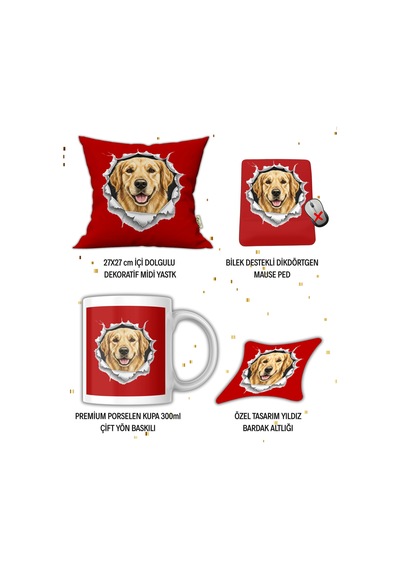 Köpek Sever Hediye Seti Golden Retriever Temalı Baskılı Kupa Yastık İsimli Mause Ped Bardak Altlığı Hediye Seti