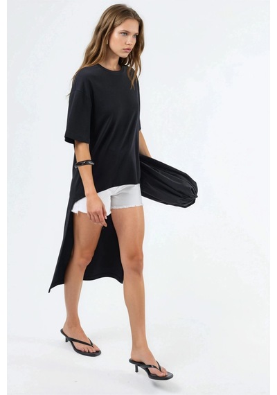 Hiccup Busem Yırtmaçlı Oversize Bisiklet Yaka Tunik Siyah