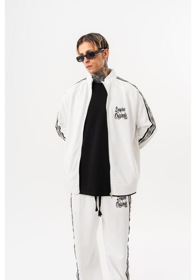 Respire Erkek Splash Şerit Detaylı Dik Yaka Doubleface Zip Oversize Sweatshirt Ekru