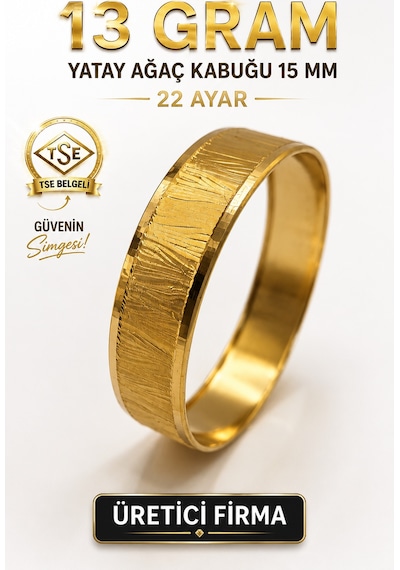 22 Ayar Tse Belgeli 13 Gram Yatay Ağaç Kabuğu 15 Mm Ajda Altın Bilezik İşçiliksiz Yatırımlık