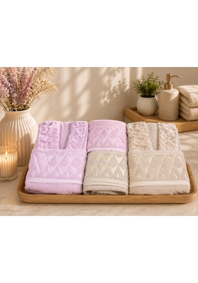 Royam Cotton Paris Jakarlı Pamuklu 6 Parça Aile Bornoz Seti Bej