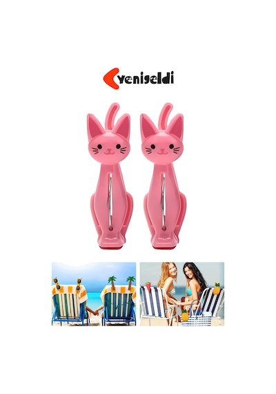 2 Adet Pembe Kedi Plaj Havlu Mandal Klipsi Güçlü Tutuş Ve Eğlenceli Tasarım Çok Renkli
