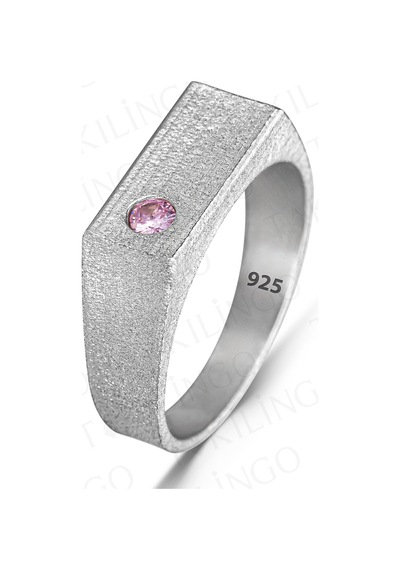 Takılingo 925 Ayar Gümüş Pembe Zirkon Taşlı Sade Erkek Yüzük Gümüş