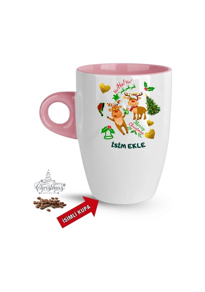 Yılbaşı Hediyesi Noel Kurabiyeleri İsimli Baskılı Porselen Latte Kupa Bardak Pembe Pembe