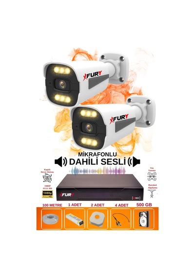 Fury 2 Li Sesli 6 Warm Led Gece Renkli Görüş Su Geçirmez Güvenlik Kamerası Seti 500gb