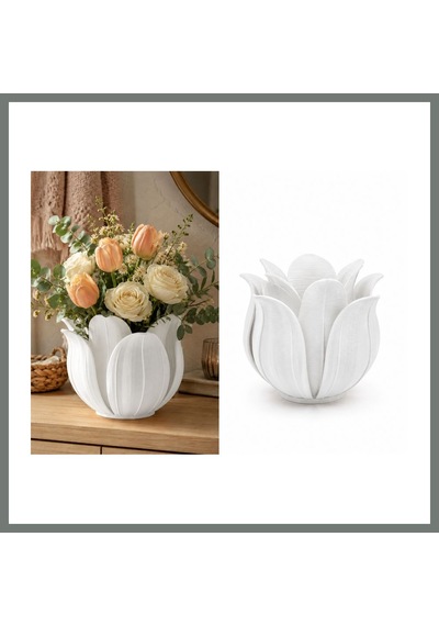 Bezos 3d Baskı Lotus Yapraklı Vazo - Dekoratif Çiçeklik-beyaz Mmbz