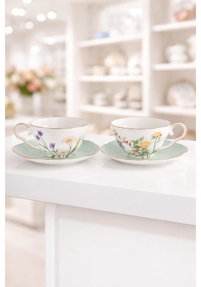 Eternal Flowers 2'li Çay Fincan Seti, Çiçek Desenli, 160cc, Porselen, Butik Mutfak 2 Kişilik Diğer