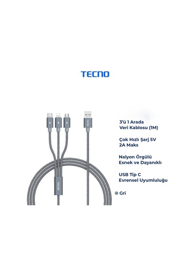 Tecno TCN31 3in1 Lightning Type-C Micro Çıkışlı Örgülü Şarj Kablo