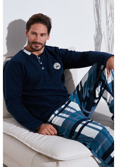 Buratti Ekoseli Regular Fit Düğmeli Bisiklet Yaka Kışlık Polar Erkek Pijama Takımı 60961008 Lacivert