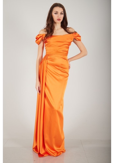 Ardanewline Feminist Oranj Drape Detaylı Saten Kumaş Abiye Elbise 9704858.24