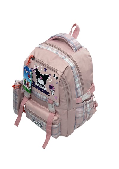 Kuromi Desenli Ekoseli Okul Çantası Folyolu Beslenme Ve Kalemlik Pembe
