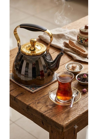 Siyah 3 Litre Çaydanlık Siyah Paslanmaz Çelik Çaydanlık Aynalı Gövde Ergonomik Sap 5 Katmanlı Kapsül Taban İthal Demlik İthal Çaydanlık