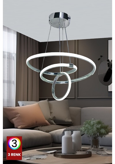 Mars 3 Renk Krom Salon Led Avize Ledli Avize Büyük Salon Avizesi Kumandasız Krom- Gümüş