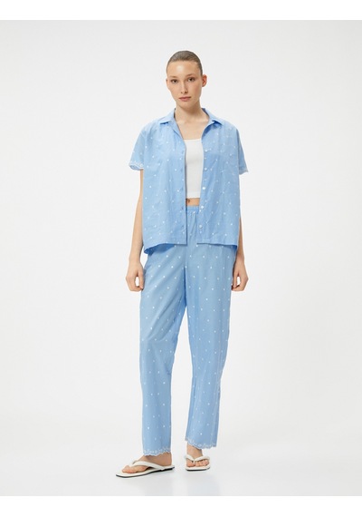 Koton Pamuklu Pijama Altı Düz Paça Beli Lastikli Nakışlı Mavi 4slk50037mw Mavi