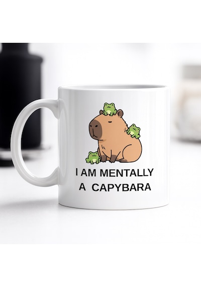 Vaveni I Am Mentally A Capybara Yazılı Kapibara Tasarımlı Kupa Model 214 Baskılı Seramik Kahve Kupası Arz Çok Renkli