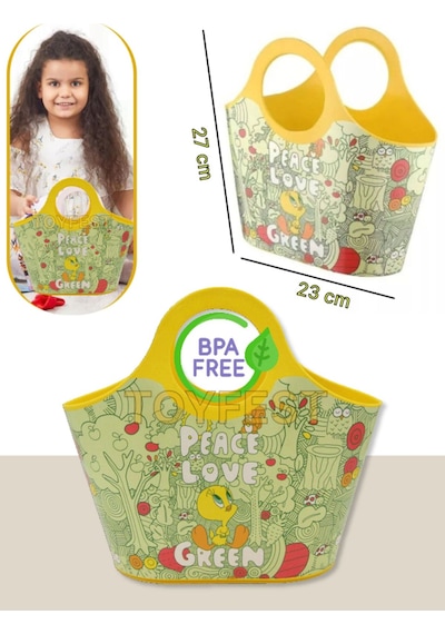 Toyfest Çok Amaçlı Sarı Çocuk Günlük & Plaj Çantası - Peace Love Green Tweety Model - 5 Lt