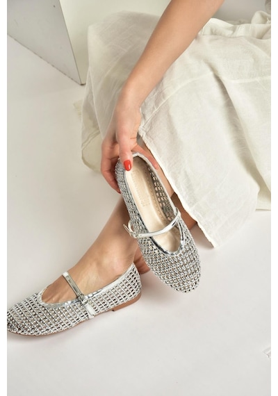 Fox Shoes Y820724109 Gümüş File Görünümlü Kadın Babet Gümüş