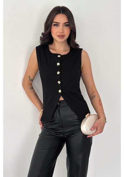 Noa & Noa Kadın Altın Düğme Detaylı Kolsuz Bluz Button Edge Siyah
