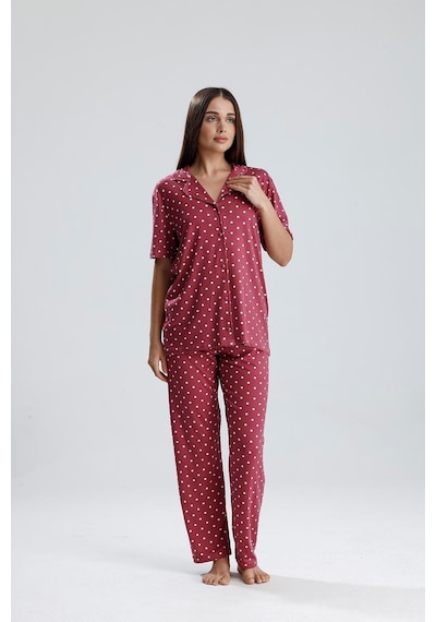 Kompedan Kadın Puantiye Desen Önden Düğmeli Pijama Takım Mürdüm P. Mürdüm