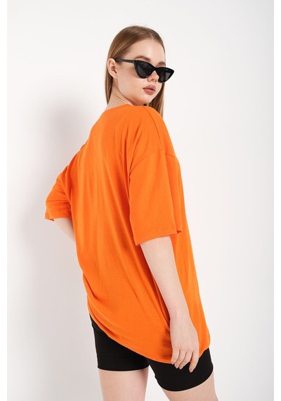 Flood Of Style Kadın Turuncu Cactus Logo Baskılı Oversize T-shirt